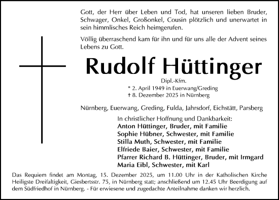 Traueranzeige von Rudolf Hüttinger von Gesamtausgabe Nürnberger Nachrichten/ Nürnberger Ztg.