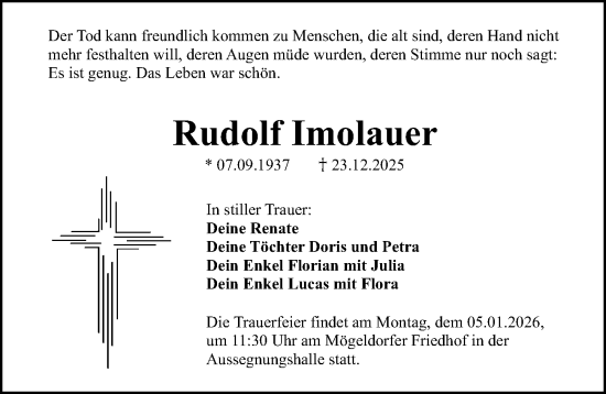 Traueranzeige von Rudolf Imolauer von Gesamtausgabe Nürnberger Nachrichten/ Nürnberger Ztg.
