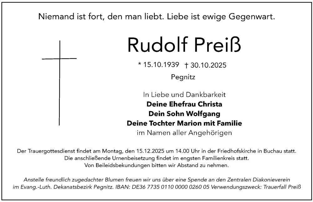  Traueranzeige für Rudolf Preiß vom 06.12.2025 aus Nordbayerische Nachrichten Pegnitz Lokal