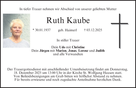 Traueranzeige von Ruth Kaube von Nordbayerische Nachrichten Forchheim Lokal