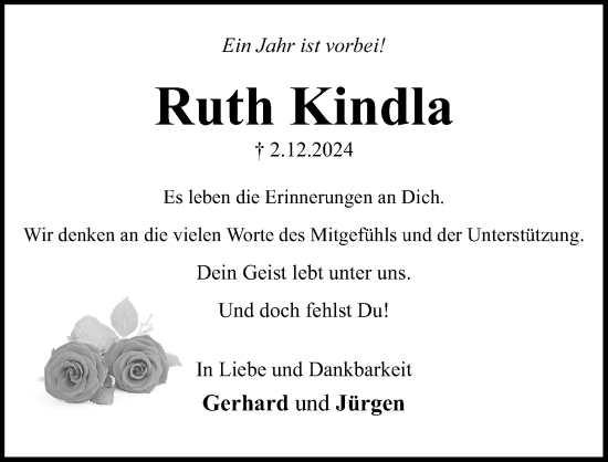 Traueranzeige von Ruth Kindla von Gesamtausgabe Nürnberger Nachrichten/ Nürnberger Ztg.