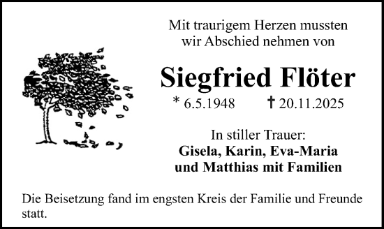 Traueranzeige von Siegfried Flöter von Erlanger Nachrichten Lokal