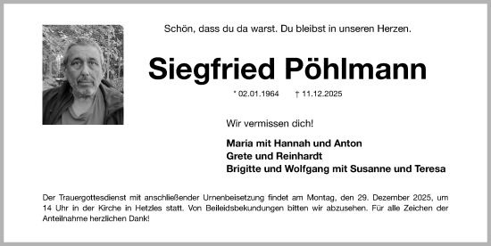 Traueranzeige von Siegfried Pöhlmann von Erlanger Nachrichten Lokal