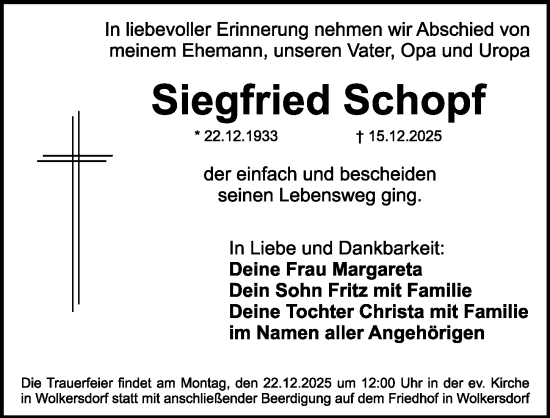 Traueranzeige von Siegfried Schopf von Gesamtausgabe Nürnberger Nachrichten/ Nürnberger Ztg.