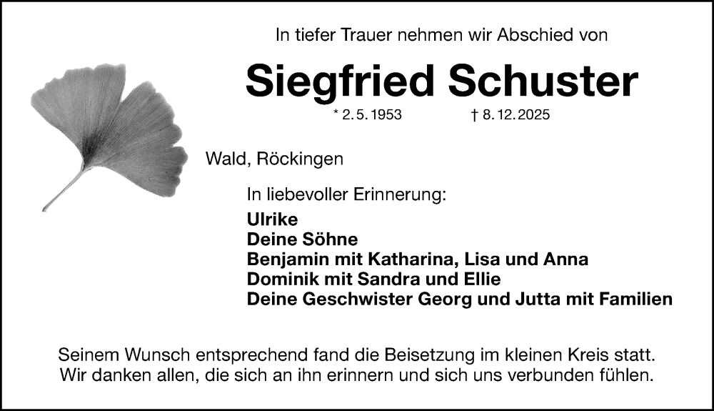  Traueranzeige für Siegfried Schuster vom 20.12.2025 aus Altmühl-Bote Lokal
