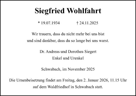 Traueranzeige von Siegfried Wohlfahrt von Schwabacher Tagblatt Lokal