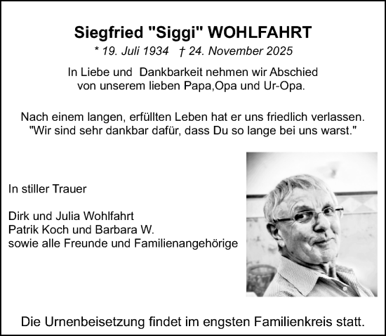 Traueranzeige von Siegfried Wohlfahrt von Schwabacher Tagblatt Lokal
