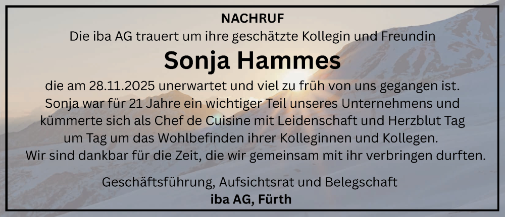  Traueranzeige für Sonja Hammes vom 06.12.2025 aus Gesamtausgabe Nürnberger Nachrichten/ Nürnberger Ztg.