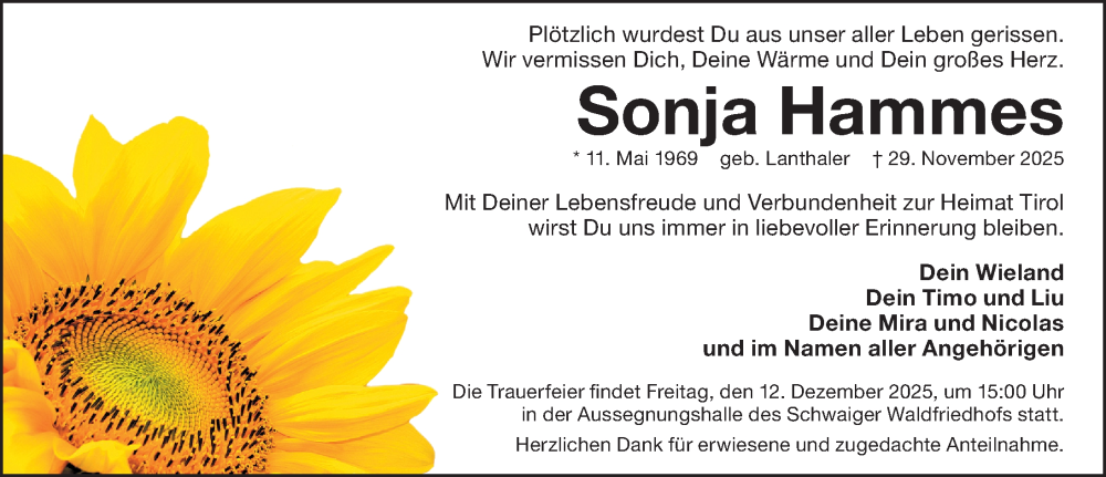  Traueranzeige für Sonja Hammes vom 06.12.2025 aus Gesamtausgabe Nürnberger Nachrichten/ Nürnberger Ztg.
