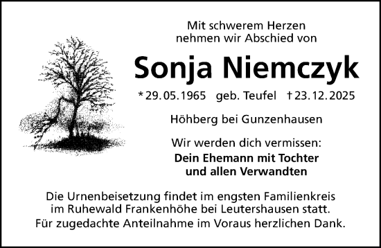 Traueranzeige von Sonja Niemczyk von Altmühl-Bote Lokal