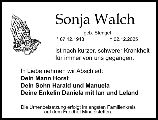 Traueranzeige von Sonja Walch von Schwabacher Tagblatt Lokal