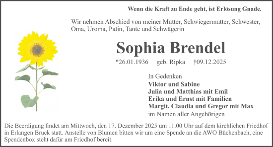 Traueranzeige von Sophia Brendel von Erlanger Nachrichten Lokal