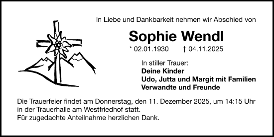 Traueranzeige von Sophie Wendl von Gesamtausgabe Nürnberger Nachrichten/ Nürnberger Ztg.