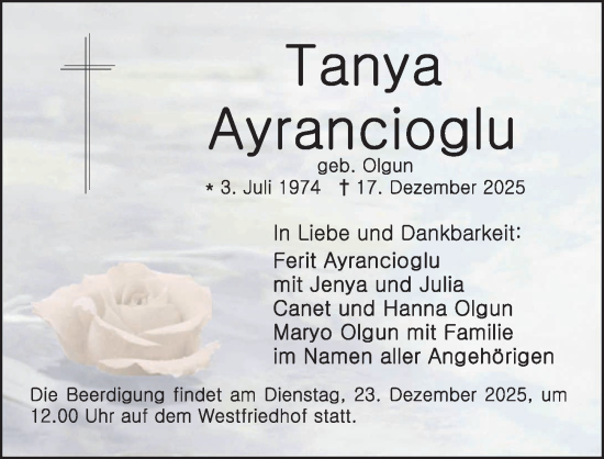 Traueranzeige von Tanya Ayrancioglu von Gesamtausgabe Nürnberger Nachrichten/ Nürnberger Ztg.