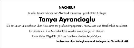 Traueranzeige von Tanya Ayrancioglu von Gesamtausgabe Nürnberger Nachrichten/ Nürnberger Ztg.