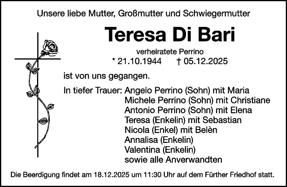  Traueranzeige für Teresa Di Bari vom 13.12.2025 aus Gesamtausgabe Nürnberger Nachrichten/ Nürnberger Ztg.