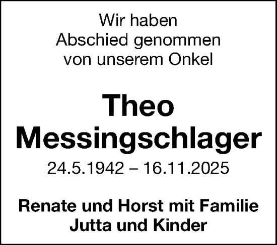 Traueranzeige von Theo Messingschlager von Gesamtausgabe Nürnberger Nachrichten/ Nürnberger Ztg.