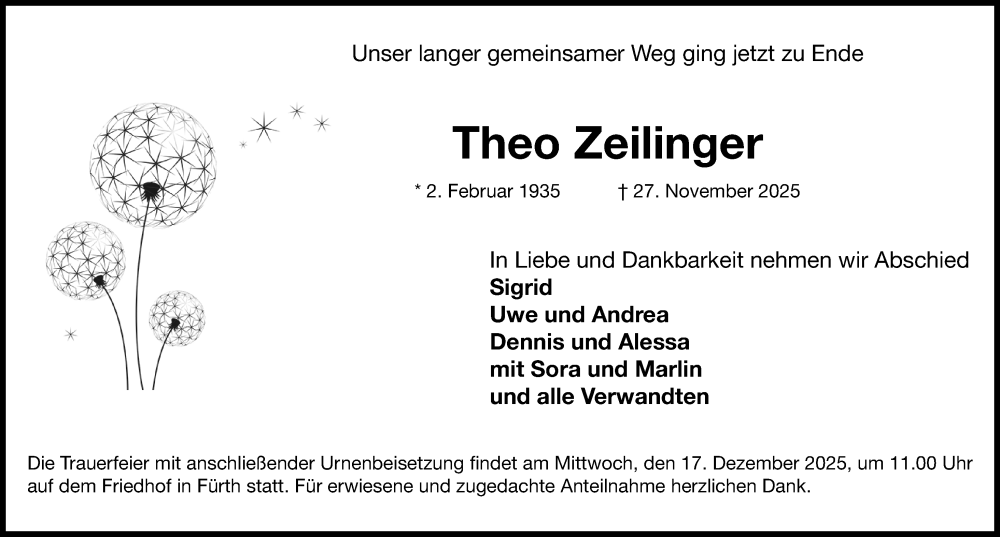  Traueranzeige für Theo Zeilinger vom 13.12.2025 aus Fürther Nachrichten Lokal