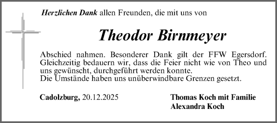 Traueranzeige von Theodor Birnmeyer von Fürther Nachrichten Lokal