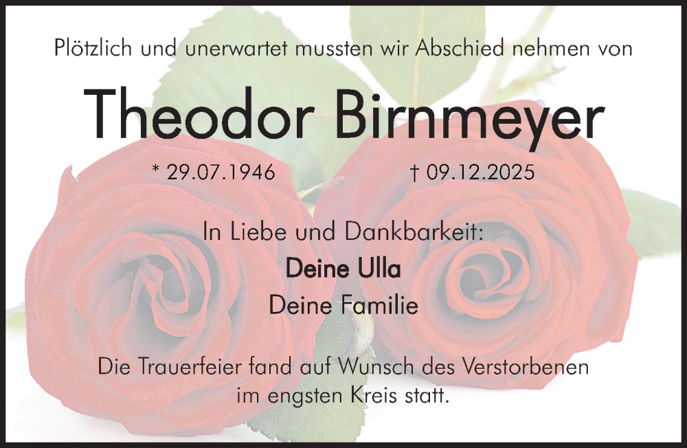 Traueranzeige für Theodor Birnmeyer vom 20.12.2025 aus Fürther Nachrichten Lokal