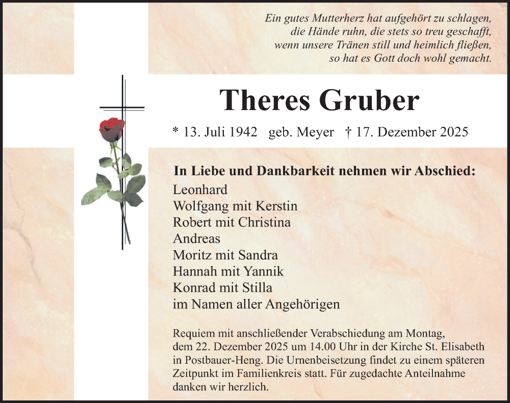  Traueranzeige für Theres Gruber vom 20.12.2025 aus Neumarkter Nachrichten Lokal
