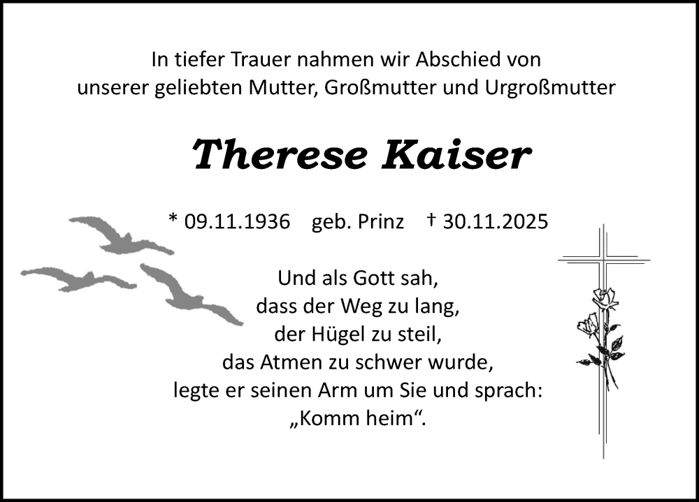  Traueranzeige für Therese Kaiser vom 18.12.2025 aus Roth-Hilpoltsteiner Volkszeitung Lokal