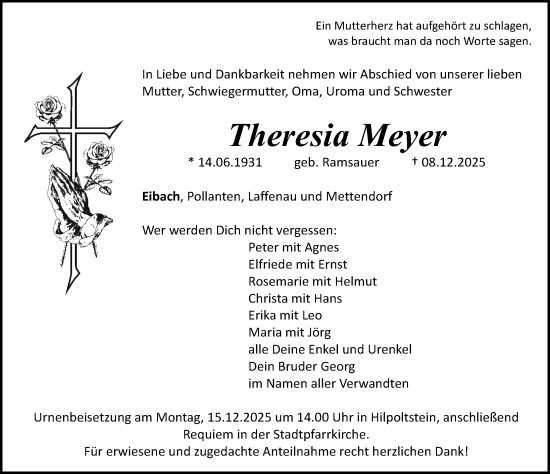 Traueranzeige von Theresia Meyer von Roth-Hilpoltsteiner Volkszeitung Lokal