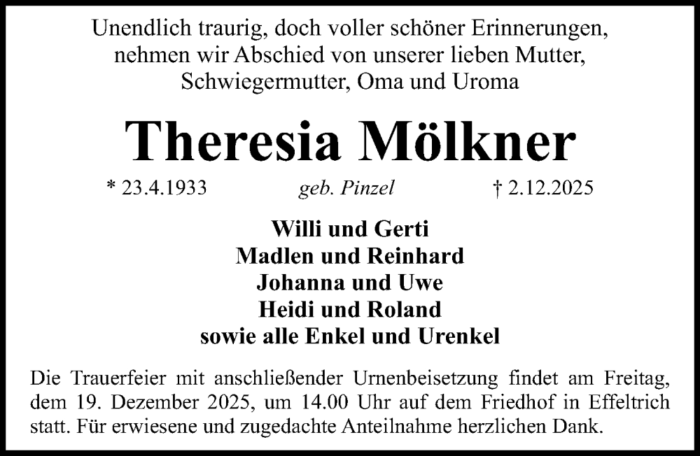  Traueranzeige für Theresia Mölkner vom 13.12.2025 aus Nordbayerische Nachrichten Forchheim Lokal