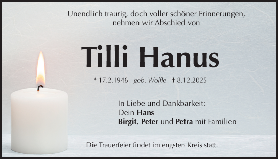 Traueranzeige von Tilli Hanus von Erlanger Nachrichten Lokal