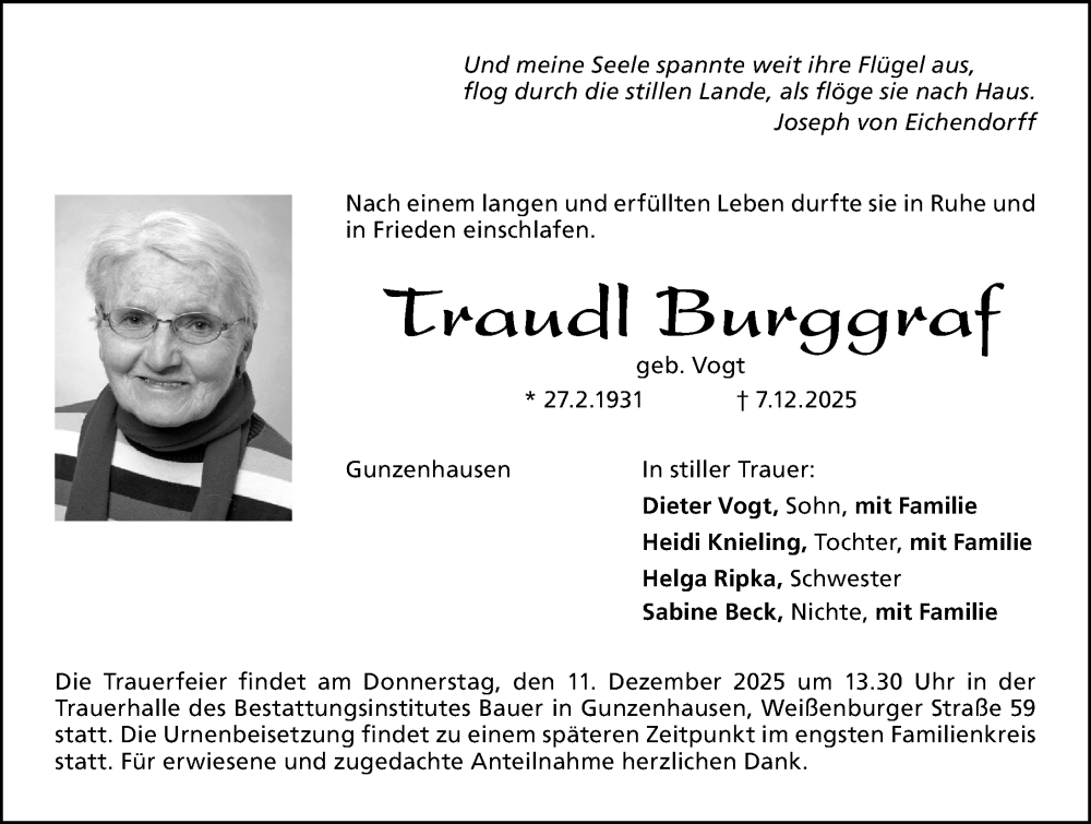  Traueranzeige für Traudl Burggraf vom 09.12.2025 aus Altmühl-Bote Lokal