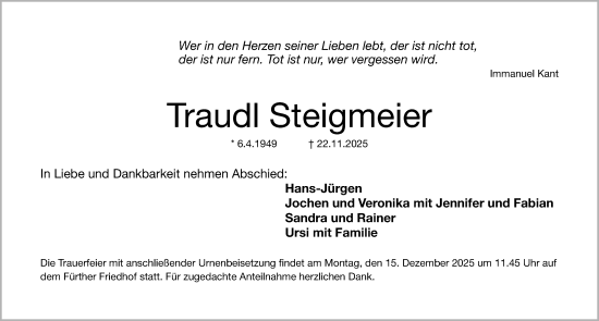 Traueranzeige von Traudl Steigmeier von Gesamtausgabe Nürnberger Nachrichten/ Nürnberger Ztg.