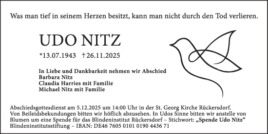 Traueranzeige von Udo Nitz von Gesamtausgabe Nürnberger Nachrichten/ Nürnberger Ztg.