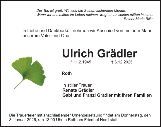 Traueranzeige von Ulrich Grädler von Roth-Hilpoltsteiner Volkszeitung Lokal