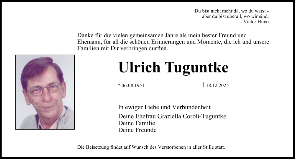  Traueranzeige für Ulrich Tuguntke vom 24.12.2025 aus Erlanger Nachrichten Lokal