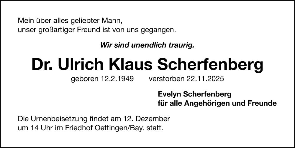  Traueranzeige für Ulrich Klaus Scherfenberg vom 06.12.2025 aus Gesamtausgabe Nürnberger Nachrichten/ Nürnberger Ztg.