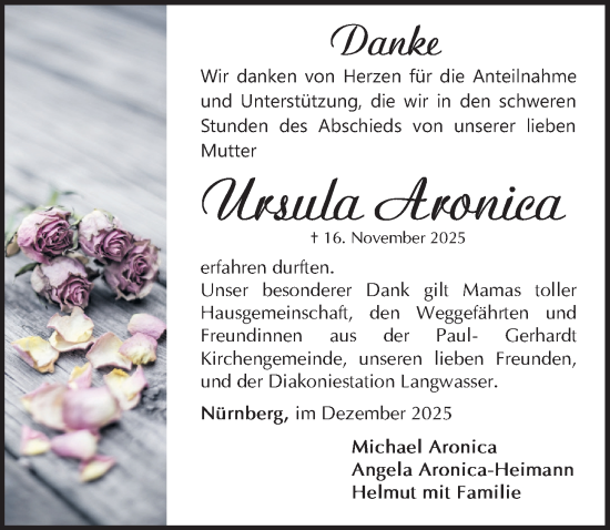 Traueranzeige von Ursula Aronica von Gesamtausgabe Nürnberger Nachrichten/ Nürnberger Ztg.