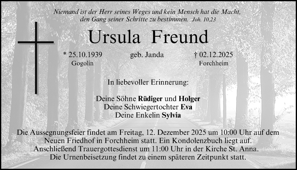  Traueranzeige für Ursula Freund vom 06.12.2025 aus Nordbayerische Nachrichten Forchheim Lokal