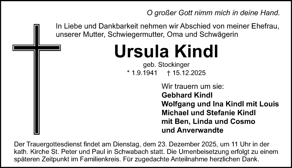  Traueranzeige für Ursula Kindl vom 20.12.2025 aus Schwabacher Tagblatt Lokal