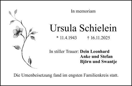 Traueranzeige von Ursula Schielein von Gesamtausgabe Nürnberger Nachrichten/ Nürnberger Ztg.