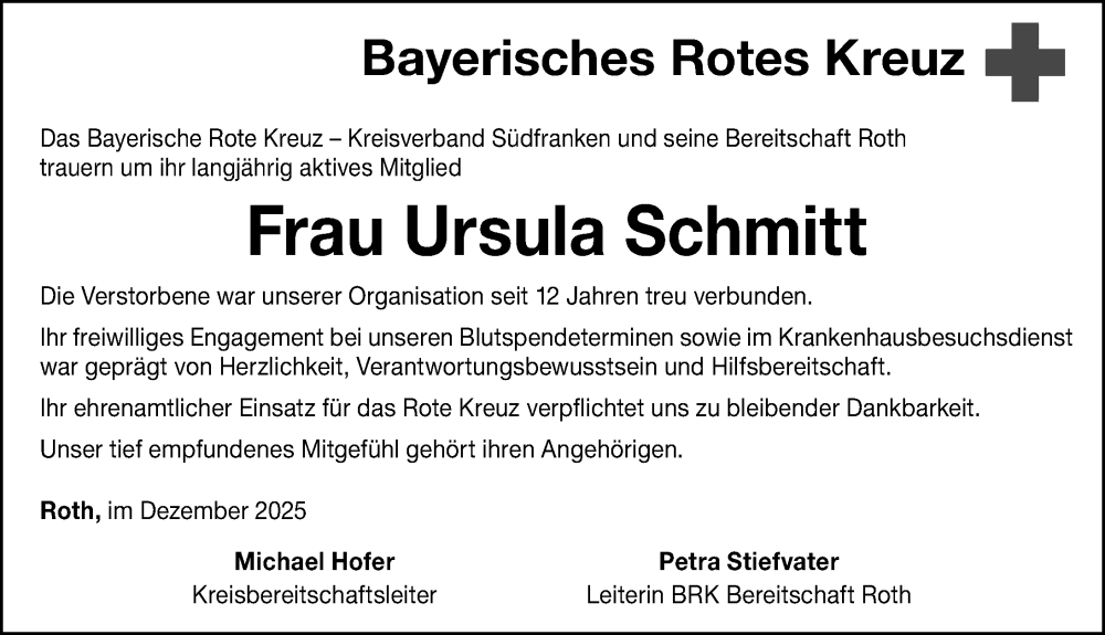  Traueranzeige für Ursula Schmitt vom 13.12.2025 aus Roth-Hilpoltsteiner Volkszeitung Lokal