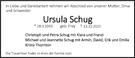 Traueranzeige von Ursula Schug von Erlanger Nachrichten Lokal