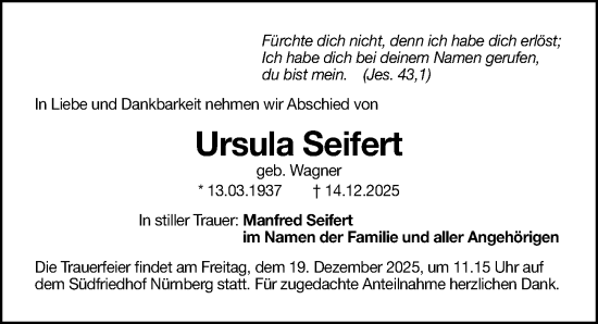 Traueranzeige von Ursula Seifert von Gesamtausgabe Nürnberger Nachrichten/ Nürnberger Ztg.