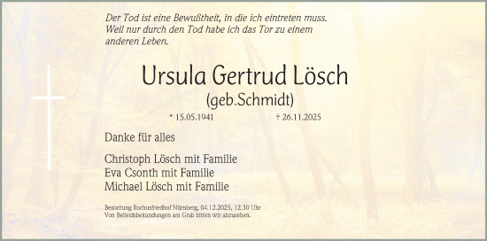 Traueranzeige von Ursula Gertrud Lösch von Gesamtausgabe Nürnberger Nachrichten/ Nürnberger Ztg.