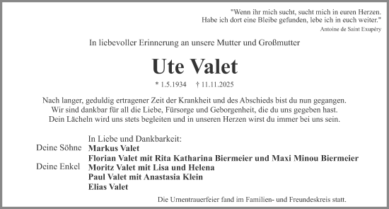 Traueranzeige von Ute Valet von Gesamtausgabe Nürnberger Nachrichten/ Nürnberger Ztg.
