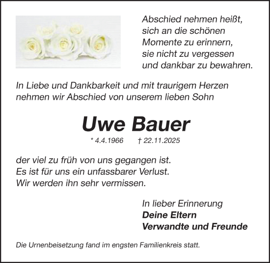 Traueranzeige von Uwe Bauer von Erlanger Nachrichten Lokal