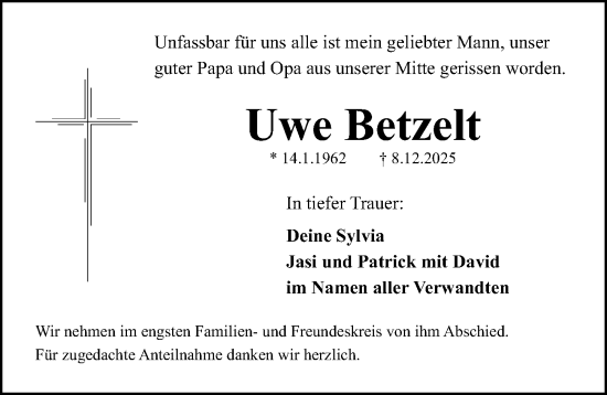 Traueranzeige von Uwe Betzelt von Fürther Nachrichten Lokal