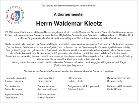 Traueranzeige von Waldemar Kleetz von Nordbayerische Nachrichten Herzogenaurach Lokal