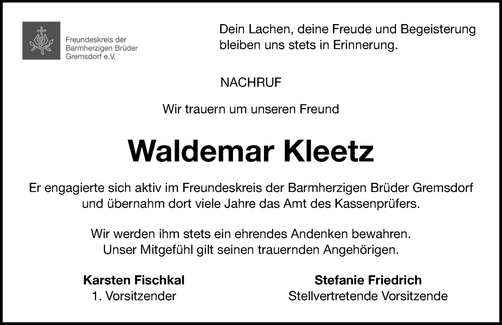  Traueranzeige für Waldemar Kleetz vom 10.12.2025 aus Nordbayerische Nachrichten Herzogenaurach Lokal