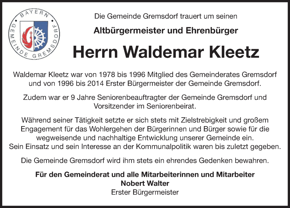  Traueranzeige für Waldemar Kleetz vom 06.12.2025 aus Nordbayerische Nachrichten Herzogenaurach Lokal