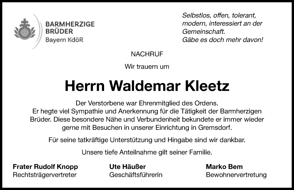  Traueranzeige für Waldemar Kleetz vom 10.12.2025 aus Nordbayerische Nachrichten Herzogenaurach Lokal
